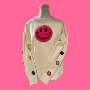 Hazel and Olive Smiley Face Cream Sweater with Colorful smiley Patches